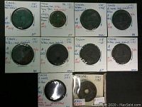 Top view of 10 ancient Chinese coins in individual holders marked with date (1101-1126 AD), seal receipt notation, and unique ID number.