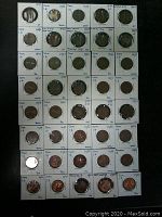 Photo showing all 40 Canadian 1 cent coins displayed in rows, individually mounted in white holders, each labeled with date and condition info.