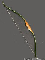 Full view of the traditional recurve bow with a wooden grip and green limbs, bowstring attached.