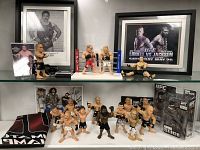 Wide shot of glass shelf showing the full UFC lot with framed signed photos, multiple collectible fighter figures, and UFC towel.