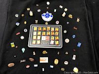 Overview photo showing entire pin collection arranged on black fabric with 48 pins including Coca-Cola Olympic pins and assorted Canada-related pins.
