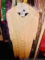 Front view of a cream-colored women's dress with fringed layers and V-neckline, hanging on a rack with other clothing items covered in plastic garment bags.