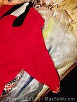 Red coat hanging on hanger in front of assorted garments in plastic covers
