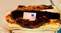 Fur pieces displayed on a small curved white table, showing varying shades of dark and light brown fur.