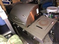 Full view of Amana gas grill showing the side burner, control knobs, and the Amana logo on the side.