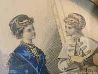 Closeup of two ladies in 1869 Paris fashion in the etching showing detailed clothing and accessories