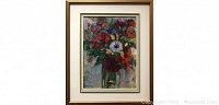 Full view of framed oil painting titled "Bouquet" by Antonio Eastman showing rich floral subject and framing details.