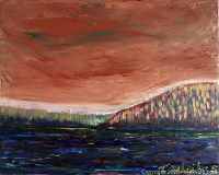 Front view of the oil painting depicting the lakeside with vibrant red sky and dark blue water with forested hill.