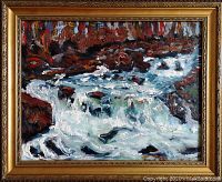 Straight-on shot of painting in gold decorative frame, full composition visible