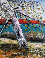Close-up of tree trunk leaning over lake showing thick impasto and color layers