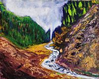 Close-up view of the painting showing the textured thick oil brushstrokes and color contrast of the river, rocks and forest.