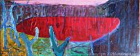 Full frontal view of entire 24x58" canvas showing red central form and layered brushwork