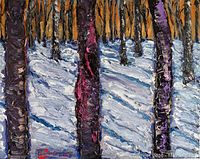 Close-up view of textured acrylic paint showing birch trunks and snow shadows in the "Winter Shadows" painting.