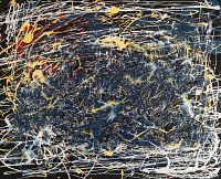 Close-up view of the front of the painting showing the textured layers and color interaction in the abstract composition.