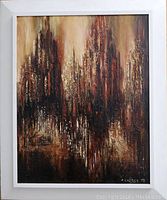 Frontal view of abstract oil painting with visible textured brush strokes in warm earthy colors framed in white wooden frame.