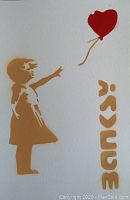Front view of the stenciled girl reaching for a red heart-shaped balloon with graffiti text on white paper.