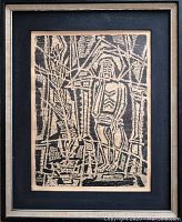 Full view of the framed abstract woodblock print showing the artwork and frame.