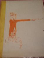 Front cover of the 1955 Cartoon Treasury hardcover book with orange illustration of a man with elongated arm pointing and box on a table.