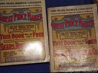 Image of two paperback replicas of the 1908 Sears, Roebuck & Co. catalog featuring aged yellow covers with red and black text 'The Great Price Maker'.
