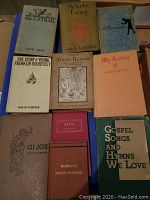 Multiple vintage books arranged side by side, includes titles like White Fang, Uncle Remus, My Battle, G.I. Joe, and Gospel Songs and Hymns We Love.