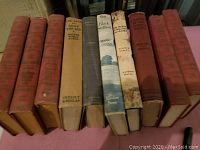 Photo of 11 assorted vintage hardcover books showing various titles such as 'The Saga of Billy the Kid', 'Sun Black Stallion', and others with dust jackets and worn covers.