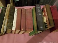 Photo of 14 vintage hardcover books arranged horizontally on a pink surface, spines showing titles such as 'The Spirit of St. Louis' and 'The Travel Styles'