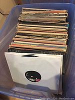 Plastic bin containing approximately 30 vinyl albums in sleeves, covers showing various wear.