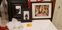 Photo showing framed deer pictures and part of deer pillow on a chair