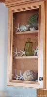 Front view of the corner cabinet showing all shelves with starfish decorations, seashell ornament, and green glass vase inside.