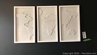 Three white framed world map relief panels hung side by side on dark wall