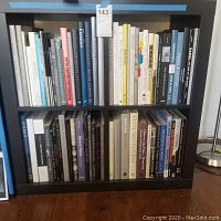 Wide shot of black two-shelf unit filled with photography books