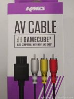 Front view of the box showing KMD AV Cable for GameCube compatibility with N64 and SNES, with image of cable connectors