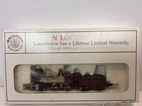 Front view of original box showing Bachmann N scale steam locomotive and coal car inside the foam casing.