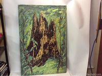Front view of the original oil painting showing the nature-inspired abstract composition with tree stumps or rock formations and surrounding foliage.