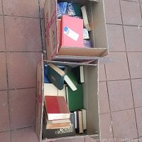Two cardboard boxes with assorted books showing varying sizes and covers, some older and some paperbacks