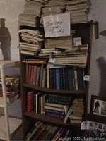 Bookshelves filled with various hardcover and paperback books along with stacks of loose books and magazines on top.