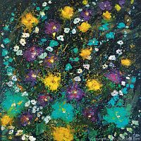 Full front view of square painting showing overall abstract floral composition with yellow, turquoise, purple, and white splatters on dark ground