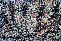 Close-up of layered paint splatters and drips showing color palette and texture