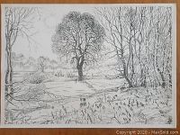 Detailed view of the original ink drawing depicting a natural landscape with trees and grassy foreground on watercolor paper.