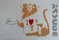 Front view of the spray painting on white paper depicting a beige rat holding a flower wearing an I heart Y T-shirt with grey stencil graffiti text on the right.
