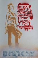 Close-up of beige stencil girl and red text