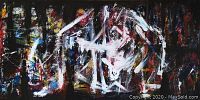 Front view of the original abstract acrylic painting showcasing dark background with white, red, yellow, and blue brush strokes.