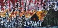 Full view of the acrylic painting on canvas showing vibrant colors, abstract figures, and a unique composition.
