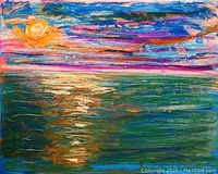 Frontal view of full canvas showing sunrise over water and impasto texture