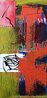 Full view of vertical mixed media painting with bright textured colors and abstract design on stretched cotton canvas