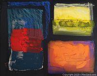 Three-panel abstract painting showing red, yellow, and orange blocks on black ground