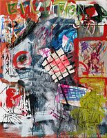 Front view of abstract mixed media painting on canvas
