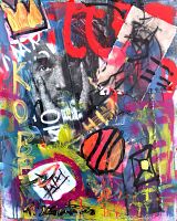 Frontal view of the entire mixed media painting showing full composition