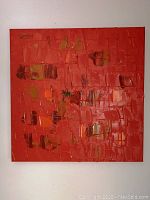 Full front view of abstract red painting showing entire canvas and texture pattern