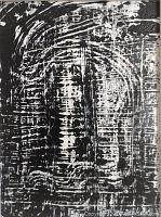 Straight-on view of the textured black and white abstract oil painting on canvas